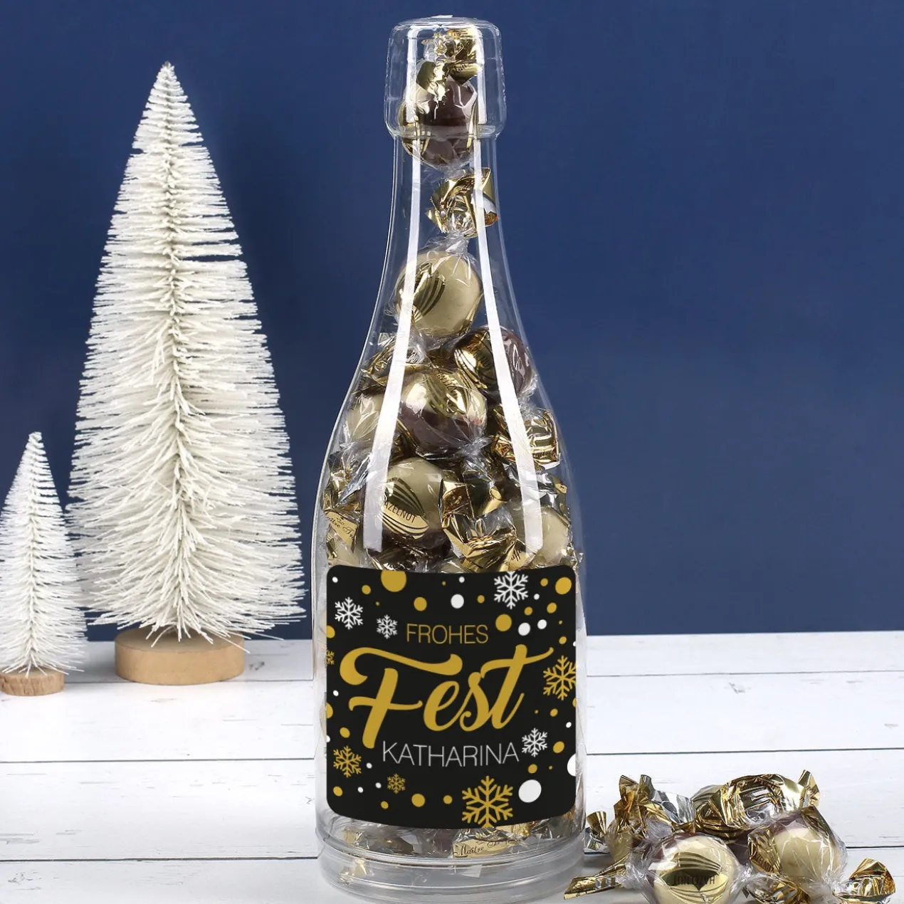 Pralinenflasche - Frohes Fest - mit Haselnuss oder Cappuccino Pralinen