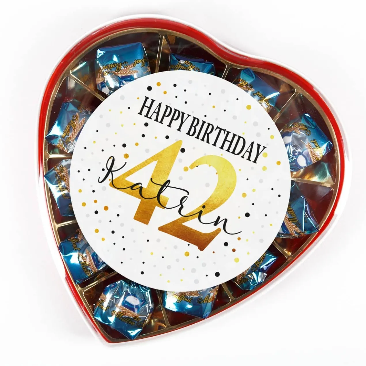 Pralinenherz zum Geburtstag mit Alter und Name