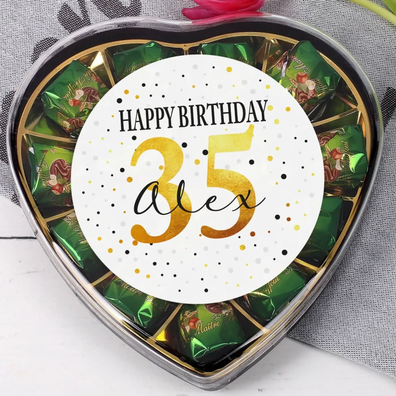 Pralinenherz zum Geburtstag mit Alter und Name
