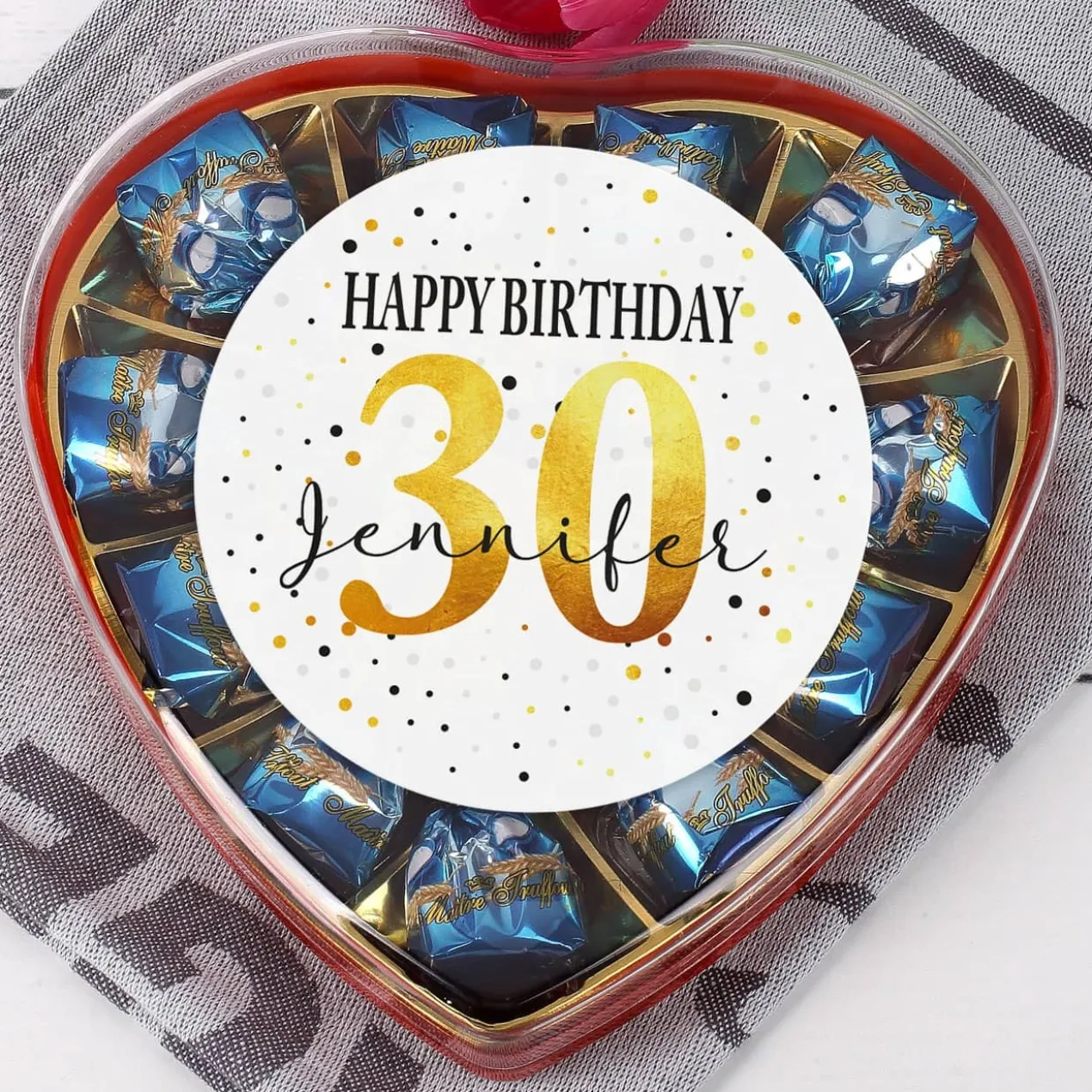 Pralinenherz zum Geburtstag mit Alter und Name