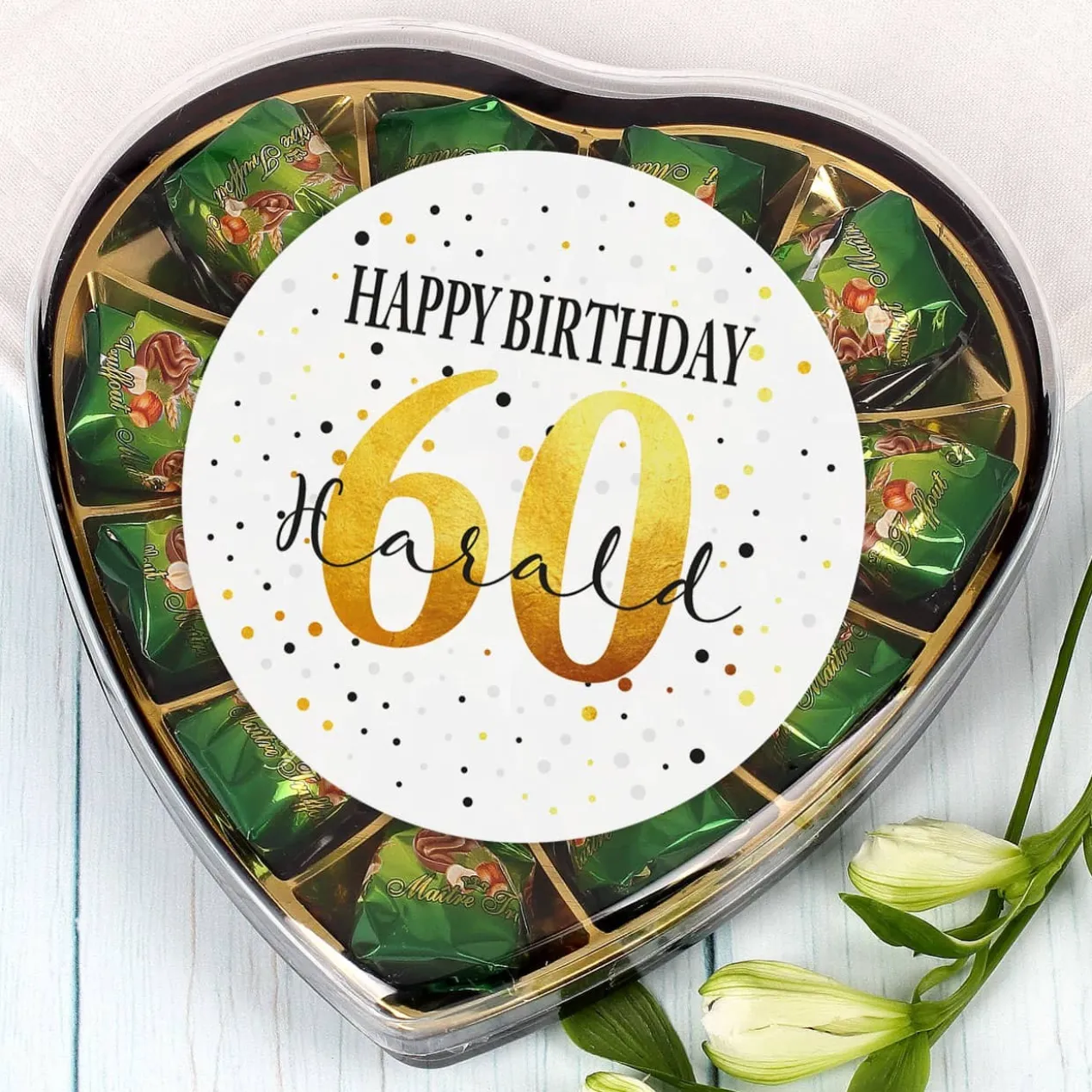 Pralinenherz zum Geburtstag mit Alter und Name