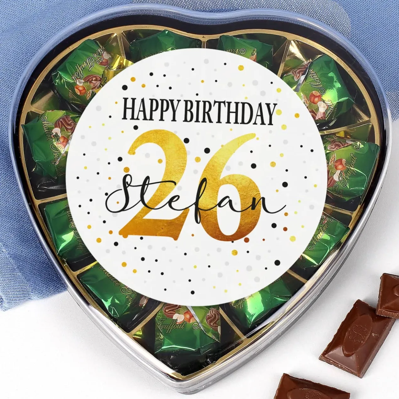 Pralinenherz zum Geburtstag mit Alter und Name