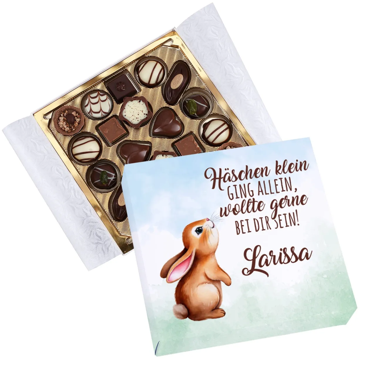 Pralinen zu Ostern mit Wunschname und Hasen-Motiv "Häschen klein ging allein, wollte gerne bei dir sein!"