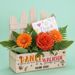 Präsentkorb mit Zaun als Dankeschön für Erzieherinnen & Lehrer | Holz Geschenkkorb