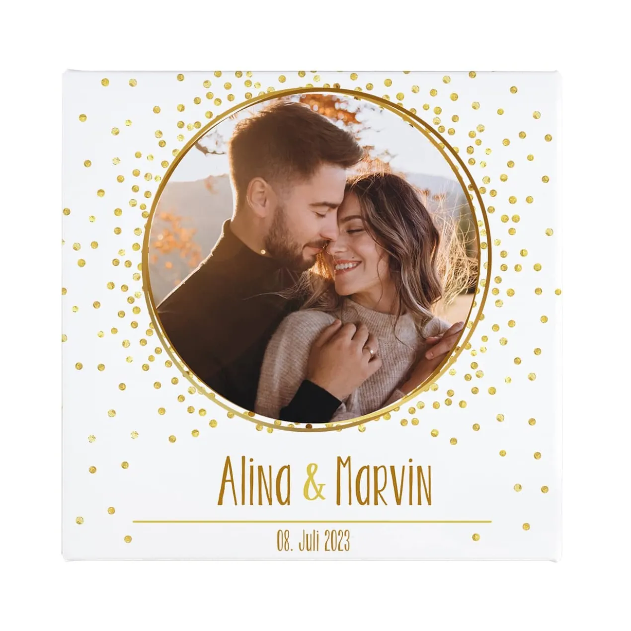 Quadratische Fotoleinwand mit goldenem Motiv zur Hochzeit