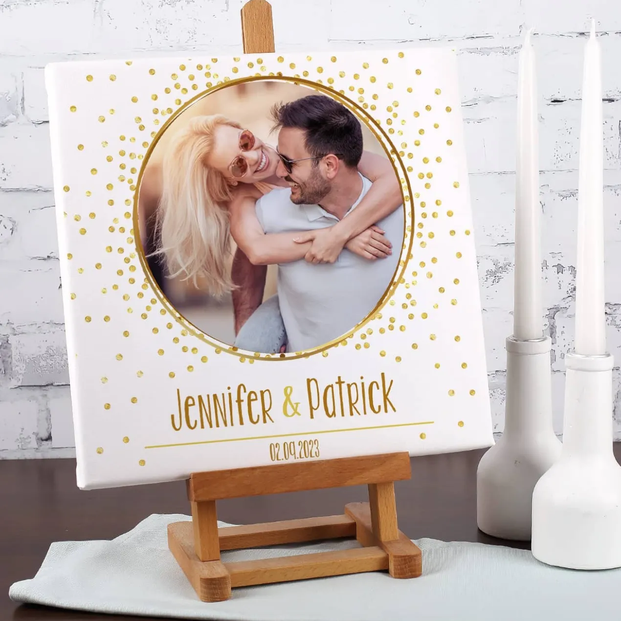 Quadratische Fotoleinwand mit goldenem Motiv zur Hochzeit