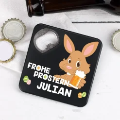 Quadratischer Flaschenöffner - Frohe Prostern - mit Namensaufdruck