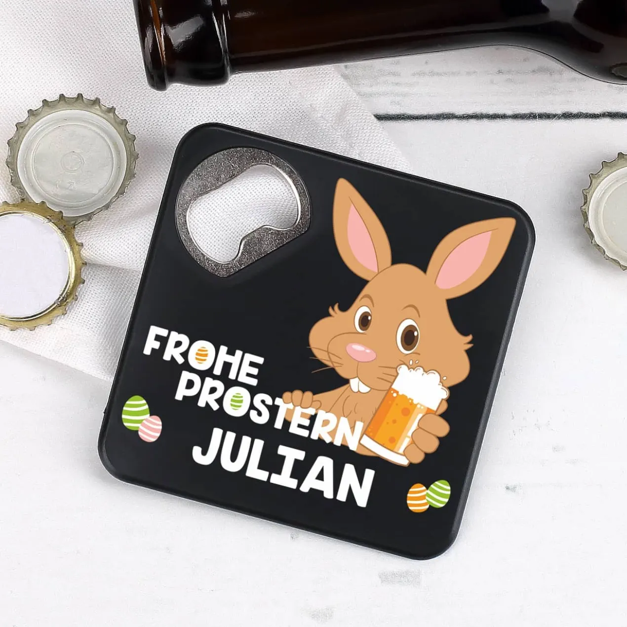 Quadratischer Flaschenöffner - Frohe Prostern - mit Namensaufdruck