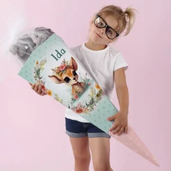 Rehkitz - Schultüte mit Name und Blumen bedruckt