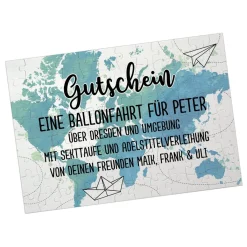 Reisegutschein in Puzzleform mit Ihrem Text gestaltet, 120 Teile