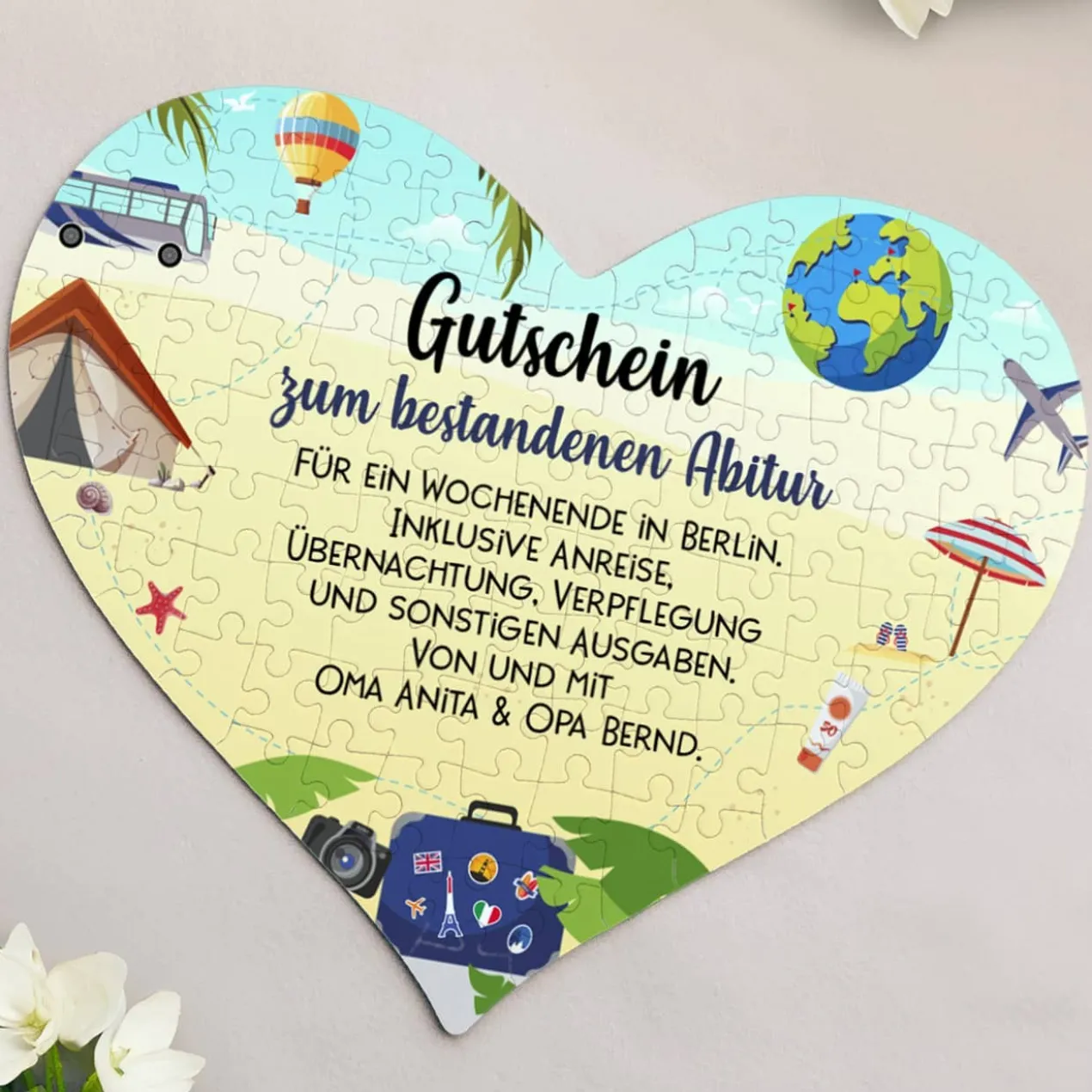 Reisegutschein in Puzzleform mit Ihrem Text gestaltet, 114 Teile