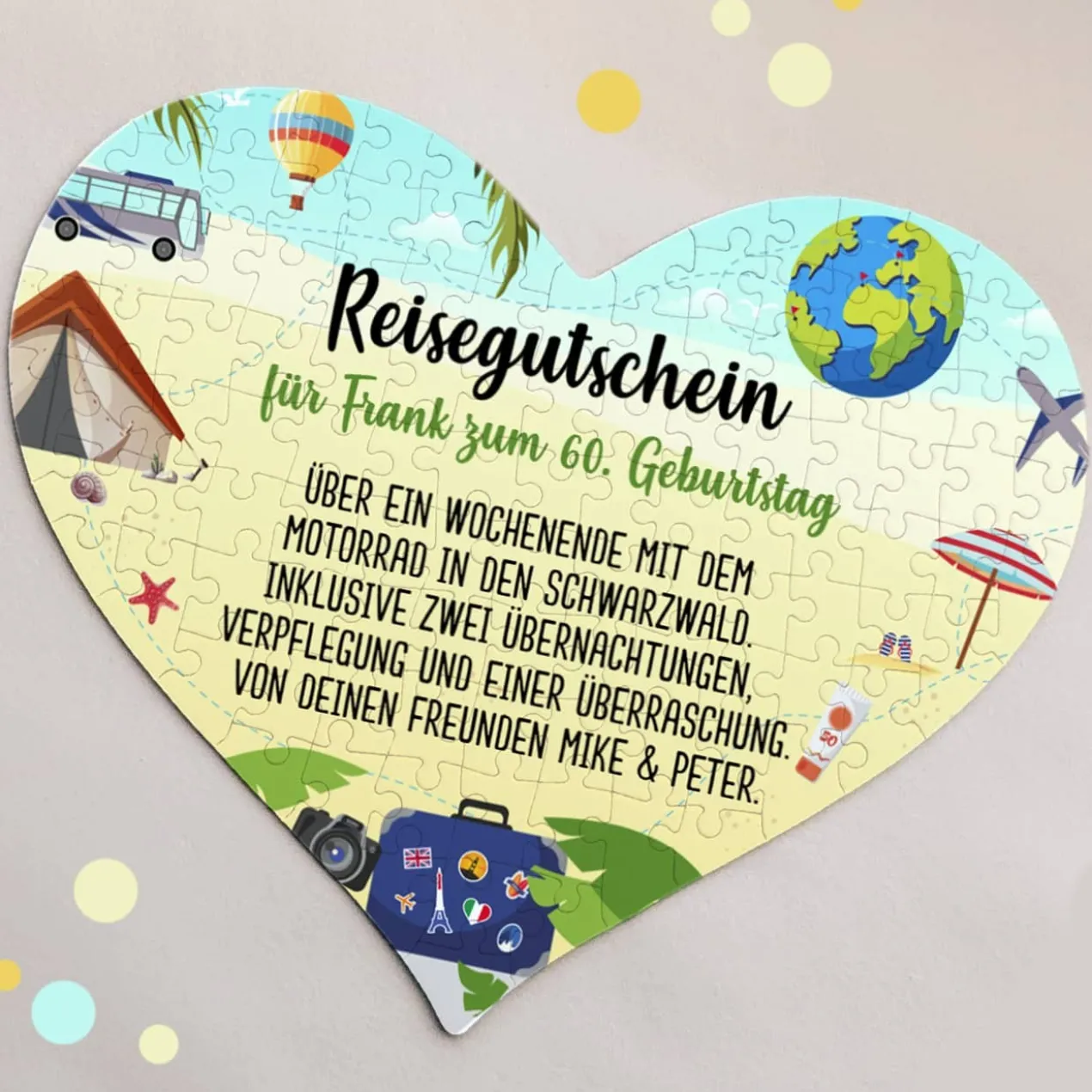 Reisegutschein in Puzzleform mit Ihrem Text gestaltet, 114 Teile
