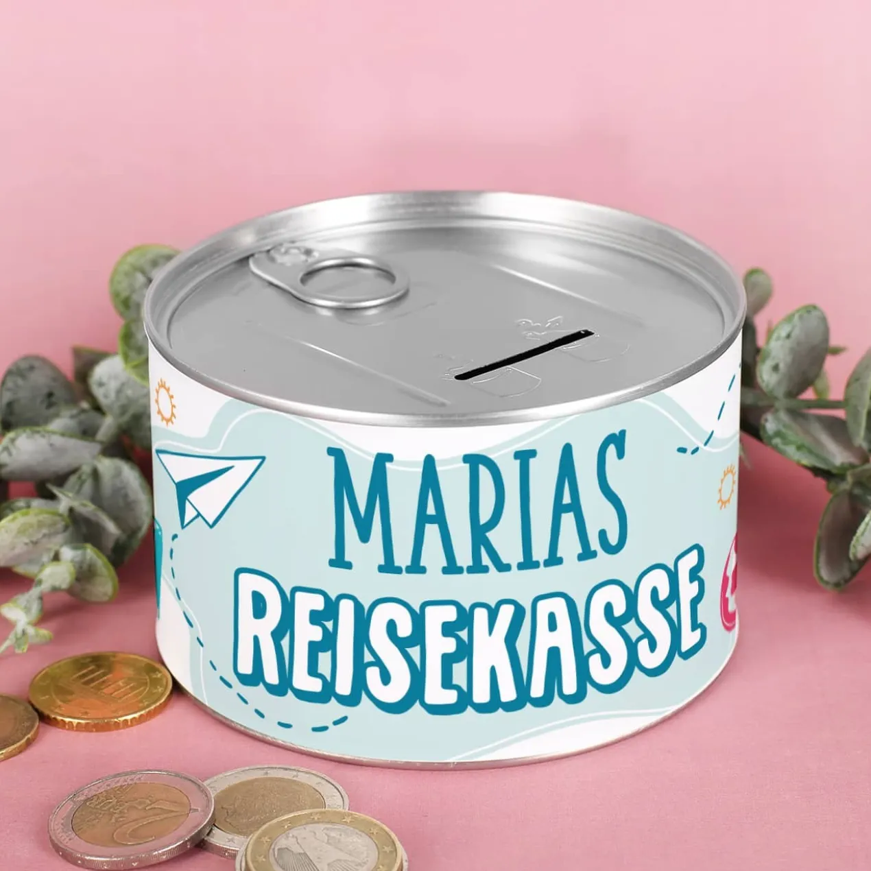 Reisekasse - Spardose aus Metall mit Ihrem Wunschnamen