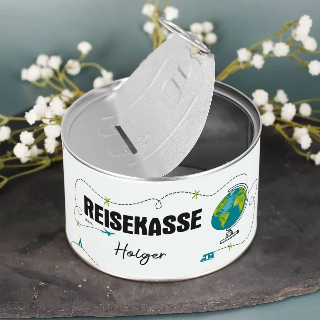 Reisekasse - Spardose zum Aufreißen mit Namensaufdruck
