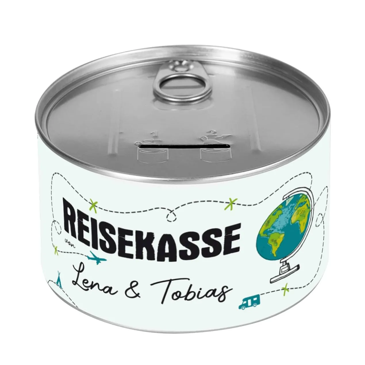 Reisekasse - Spardose zum Aufreißen mit Namensaufdruck