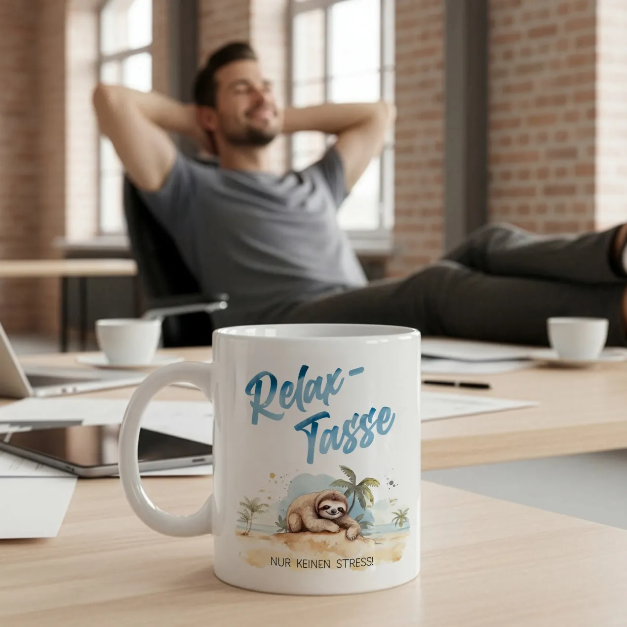 Relax-Tasse mit Faultier-Motiv und Spruch 'Nur keinen Stress!' | Geschenk für ABI & Schulabschluss