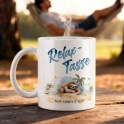 Relax-Tasse mit Faultier-Motiv und Spruch 'Nur keinen Stress!' | Geschenk für ABI & Schulabschluss
