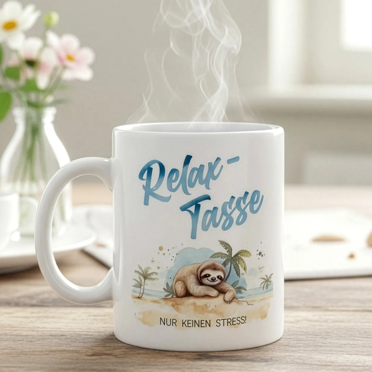 Relax-Tasse mit Faultier-Motiv und Spruch 'Nur keinen Stress!' | Geschenk für ABI & Schulabschluss