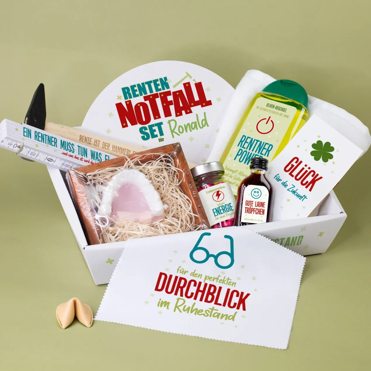 Renten Notfall Set mit Name personalisiert | Geschenkkorb zur Rente & Ruhestand für Männer & Frauen