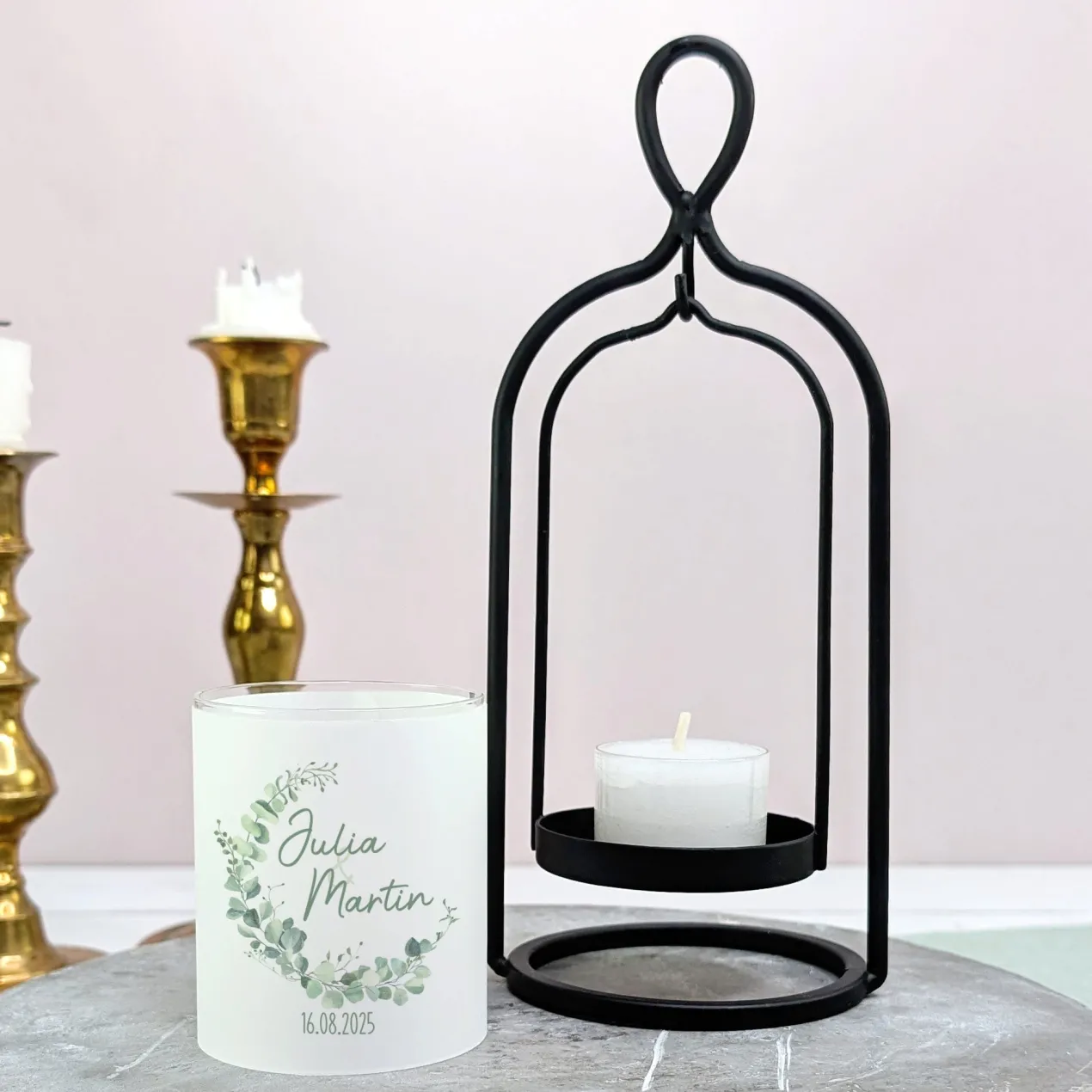 Ritzenhoff Windlicht zur Hochzeit personalisiert mit Namen & Datum | Eukalyptus