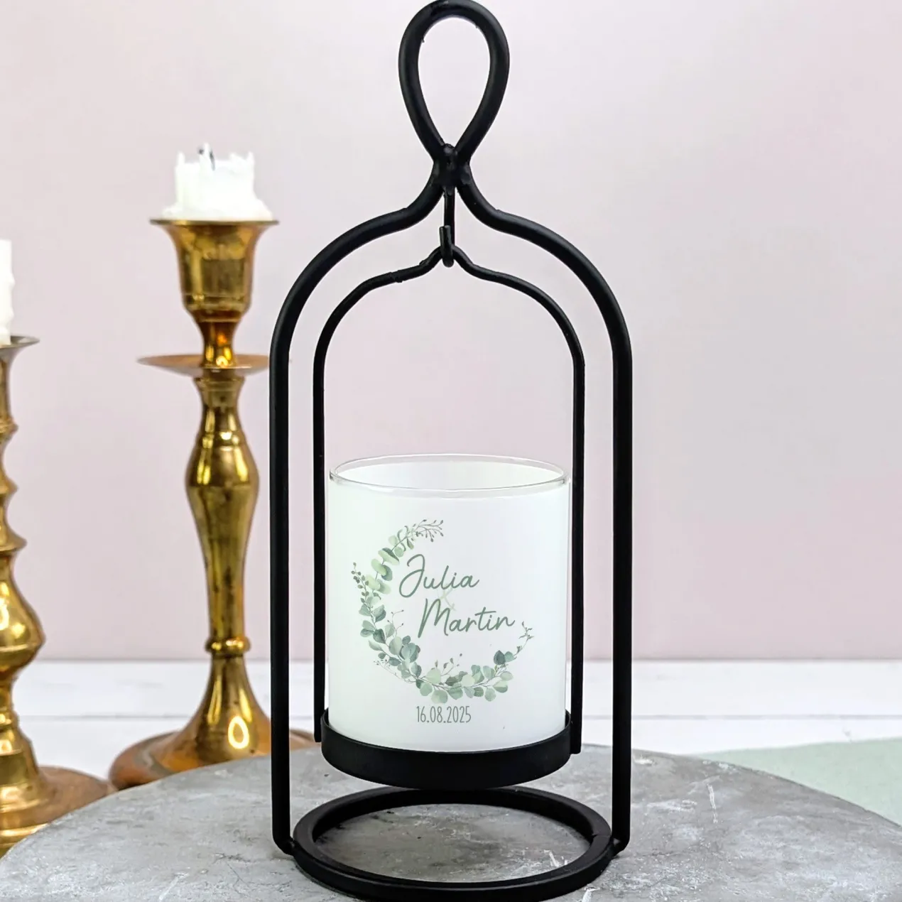Ritzenhoff Windlicht zur Hochzeit personalisiert mit Namen & Datum | Eukalyptus