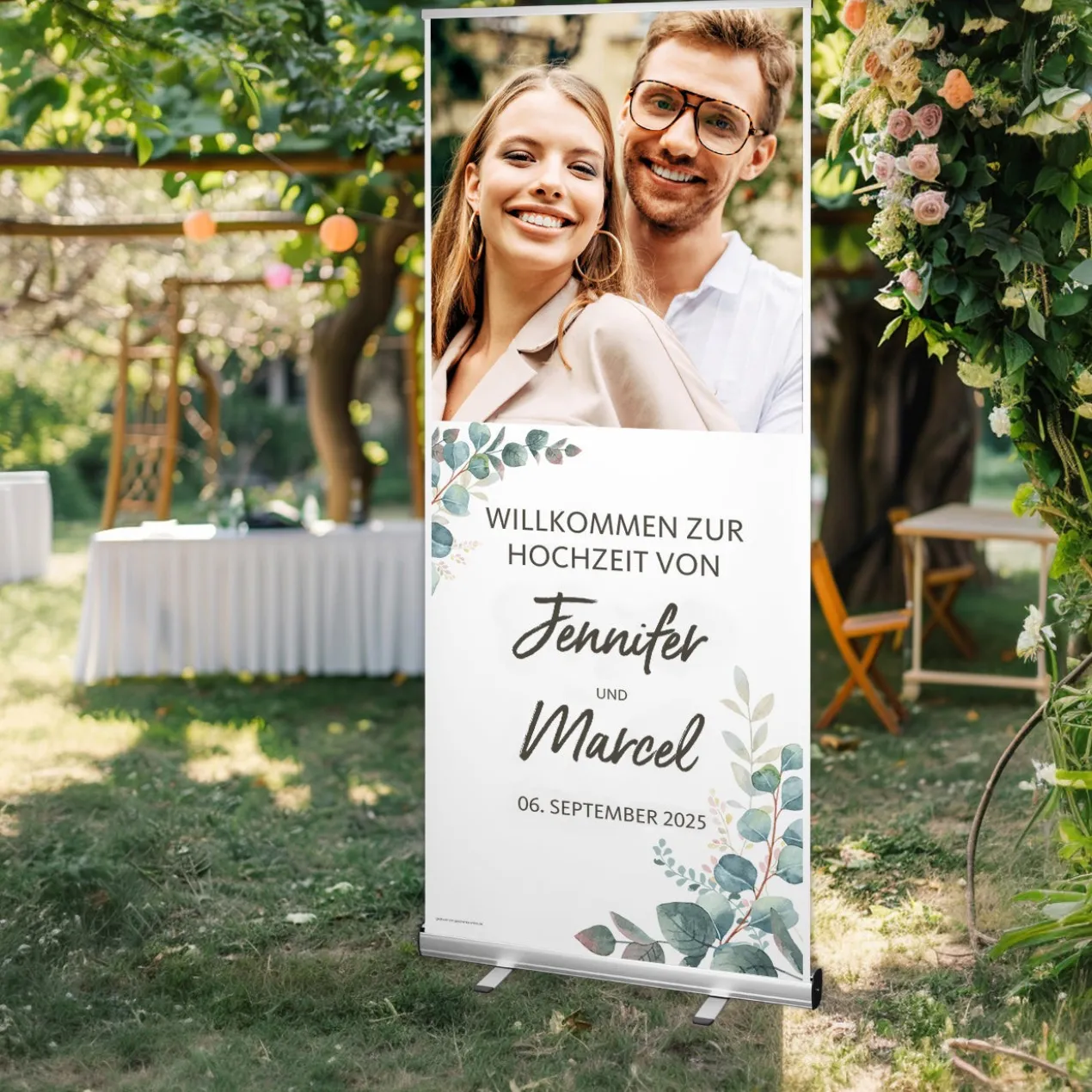 Roll-Up Banner - Eukalyptus - Hochzeitsaufsteller mit Ihrem Wunschfoto