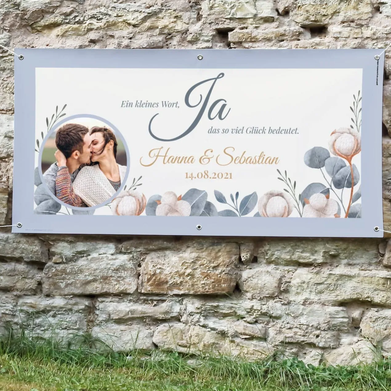 Romantisches Foto Hochzeitsbanner "JA - Ein kleines Wort, das so viel Glück bedeutet" mit Namen und