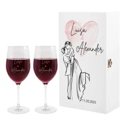 Romantisches Geschenkset zur Hochzeit mit Weingläsern und Holzbox