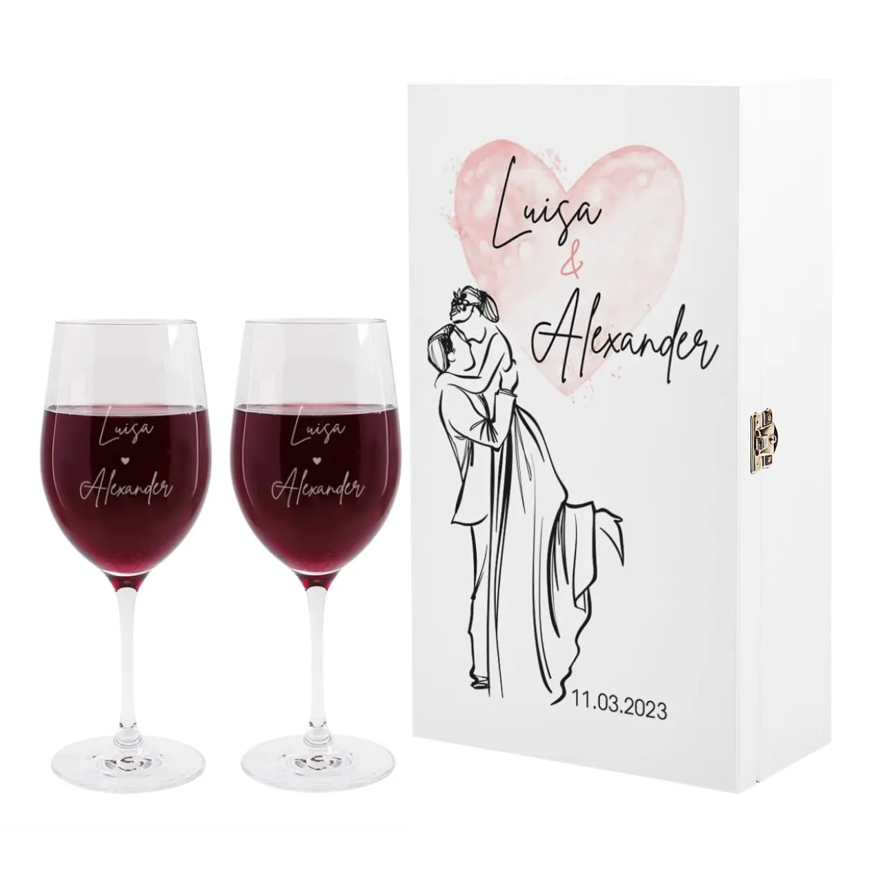 Romantisches Geschenkset zur Hochzeit mit Weingläsern und Holzbox