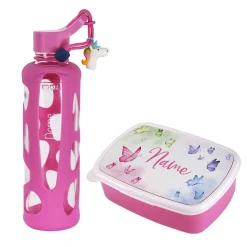 Rosa Kinder-Trinkflasche und Brotdose im Set mit Ihrem Wunschnamen