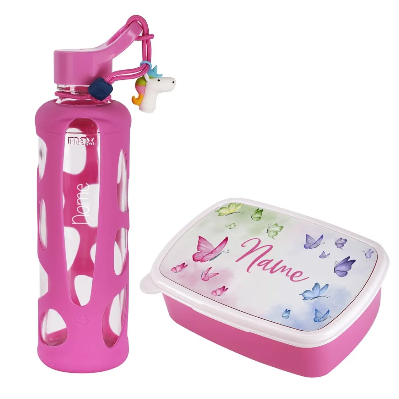 Rosa Kinder-Trinkflasche und Brotdose im Set mit Ihrem Wunschnamen