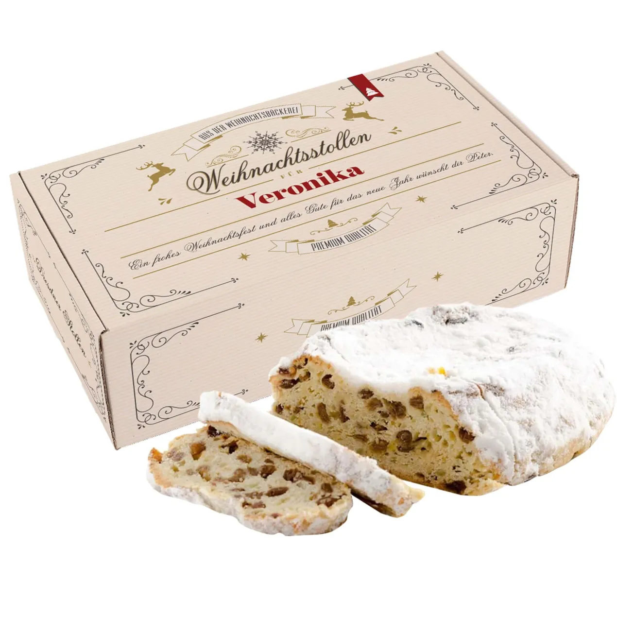 Rosinenstollen nach Thüringer Rezeptur in festlicher Geschenkbox mit Name & Wunschtext, 1000g