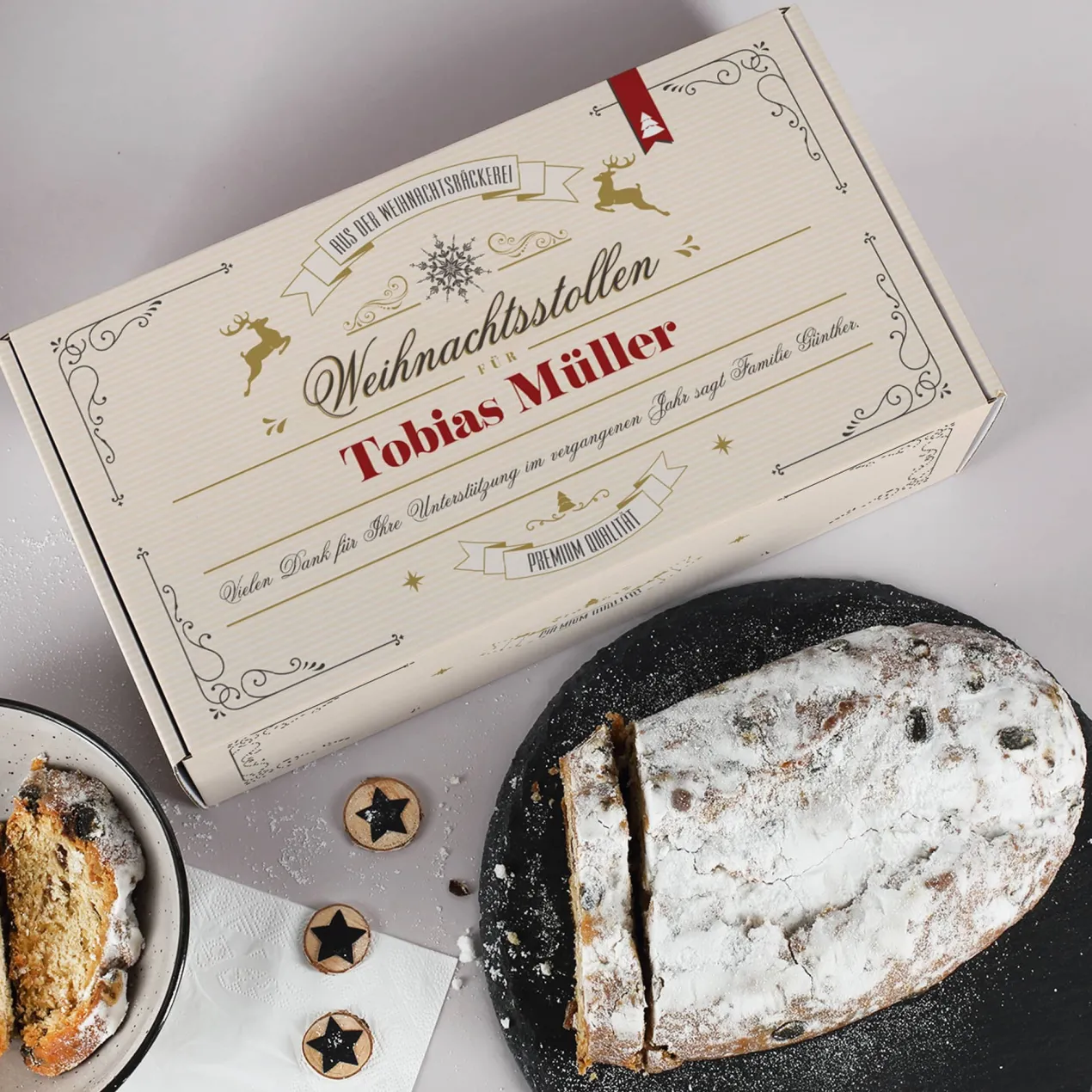 Rosinenstollen nach Thüringer Rezeptur in festlicher Geschenkbox mit Name & Wunschtext, 1000g