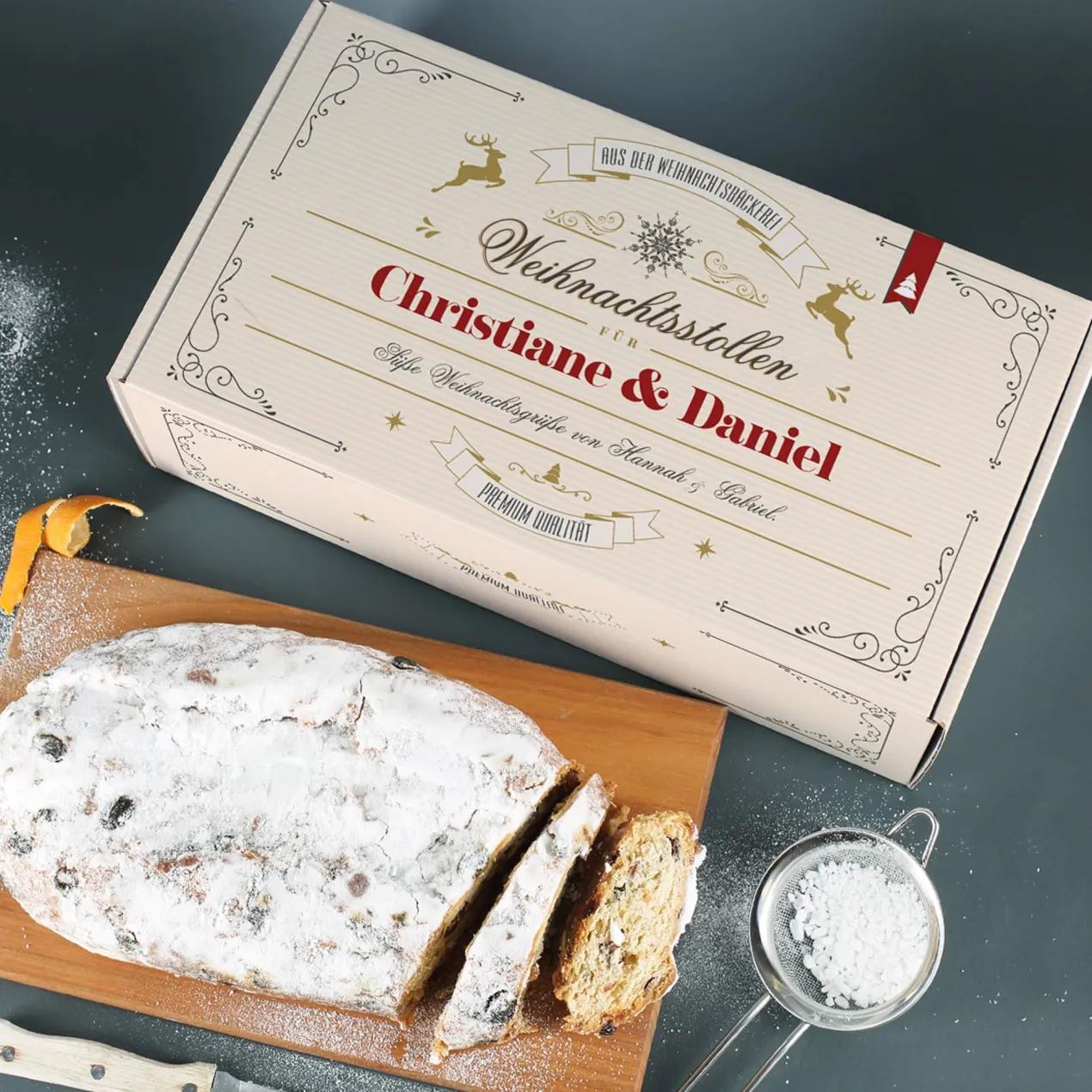 Rosinenstollen nach Thüringer Rezeptur in festlicher Geschenkbox mit Name & Wunschtext, 1000g