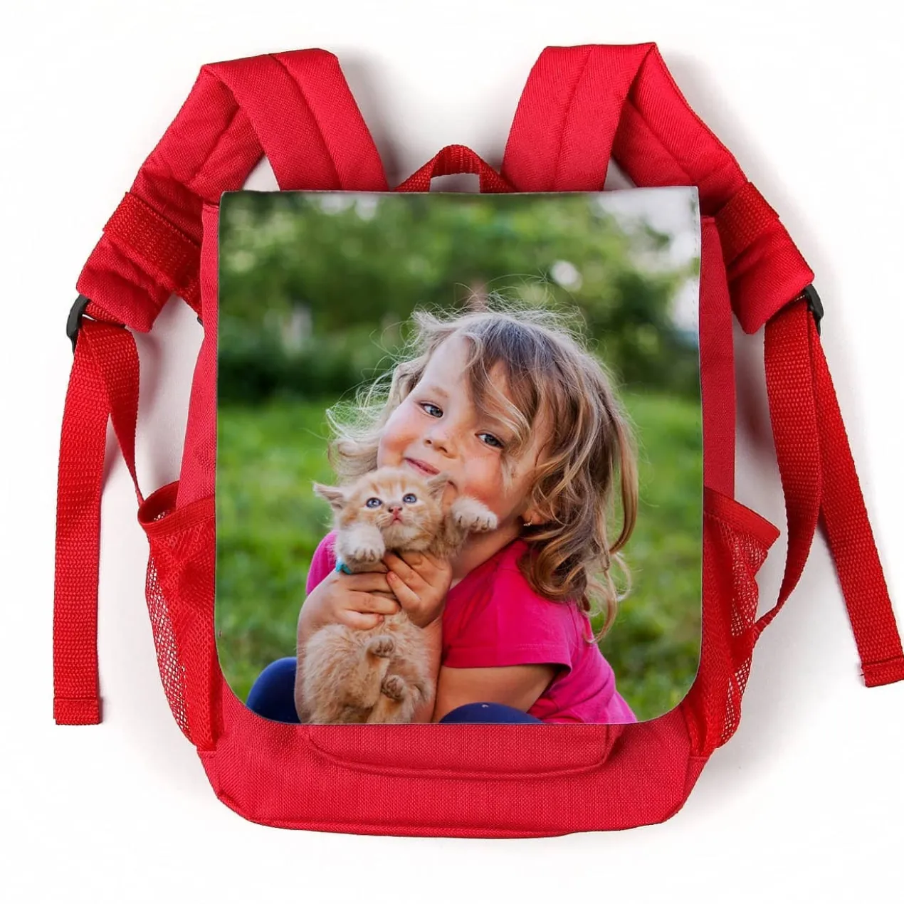Roter Kindergartenrucksack mit Foto selbst gestalten