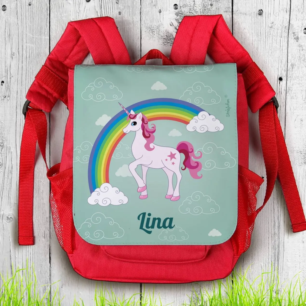 Rucksack für Kinder mit Einhorn, Regenbogen und Name