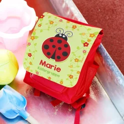 Rucksack für Kinder mit Marienkäfer, bunten Blüten, Name und Wunschtext