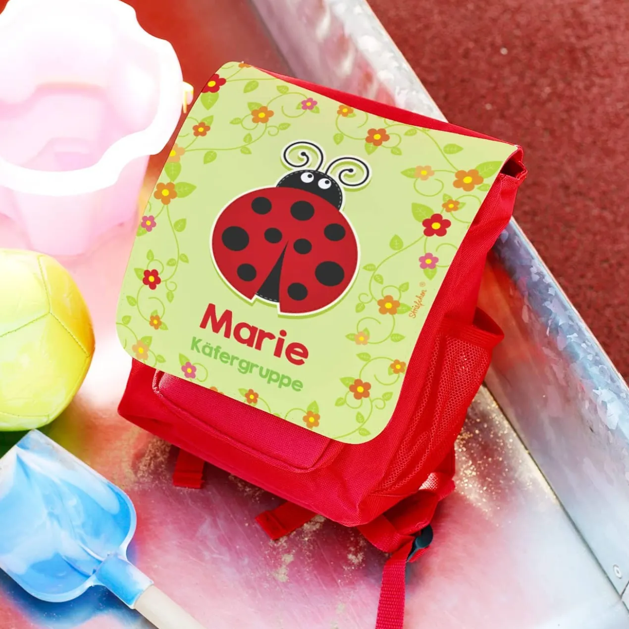 Rucksack für Kinder mit Marienkäfer, bunten Blüten, Name und Wunschtext