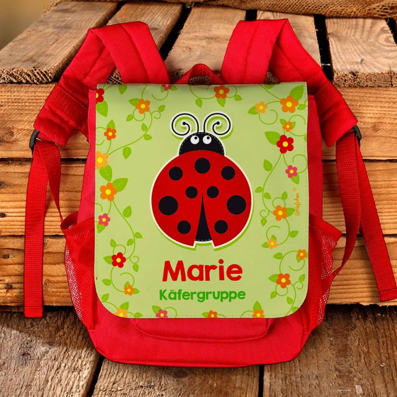 Rucksack für Kinder mit Marienkäfer, bunten Blüten, Name und Wunschtext