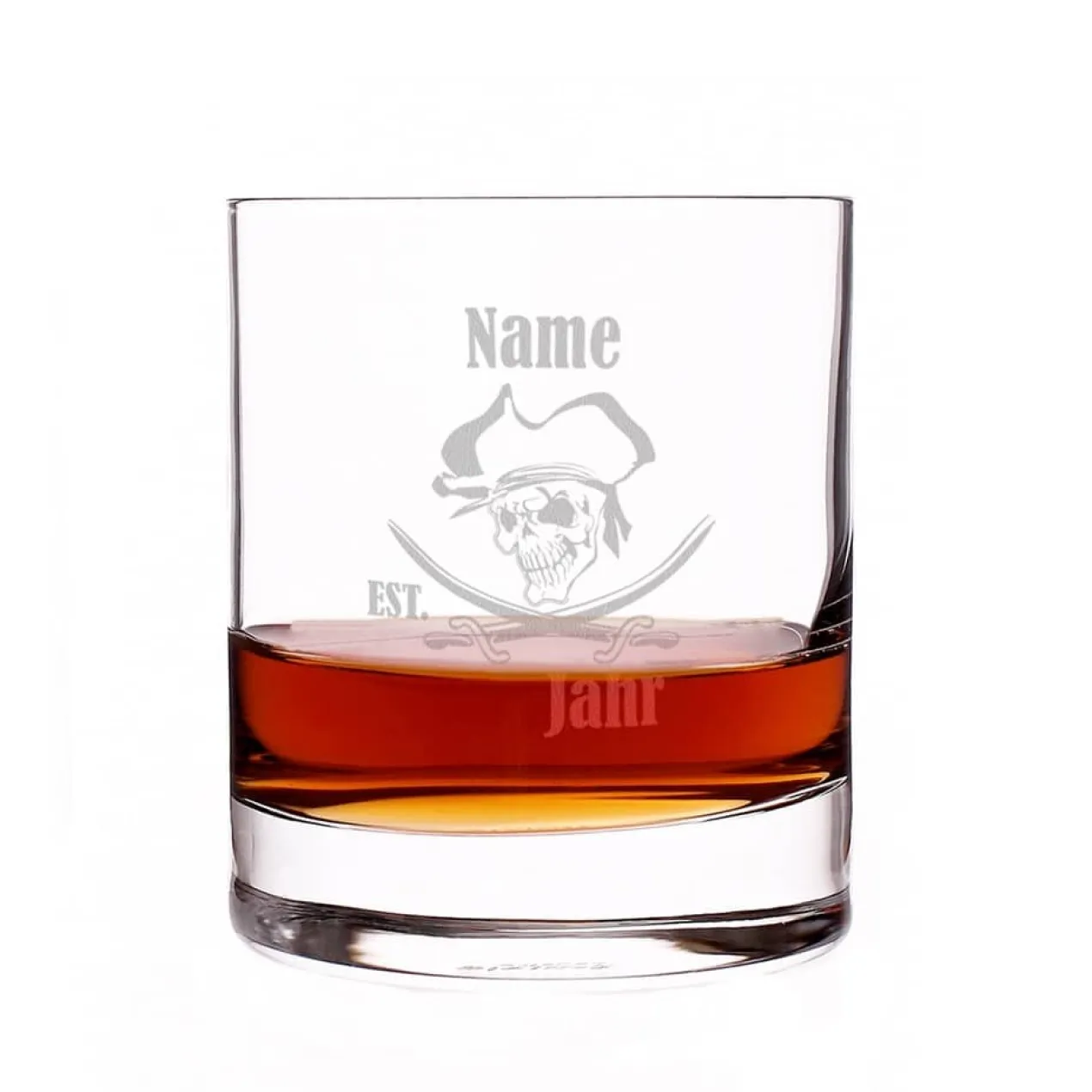Rumglas graviert mit Piratenmotiv, Name und Geburtsjahr