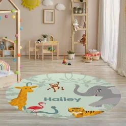 Runder Kinderteppich mit Tieren und Ihrem Wunschnamen