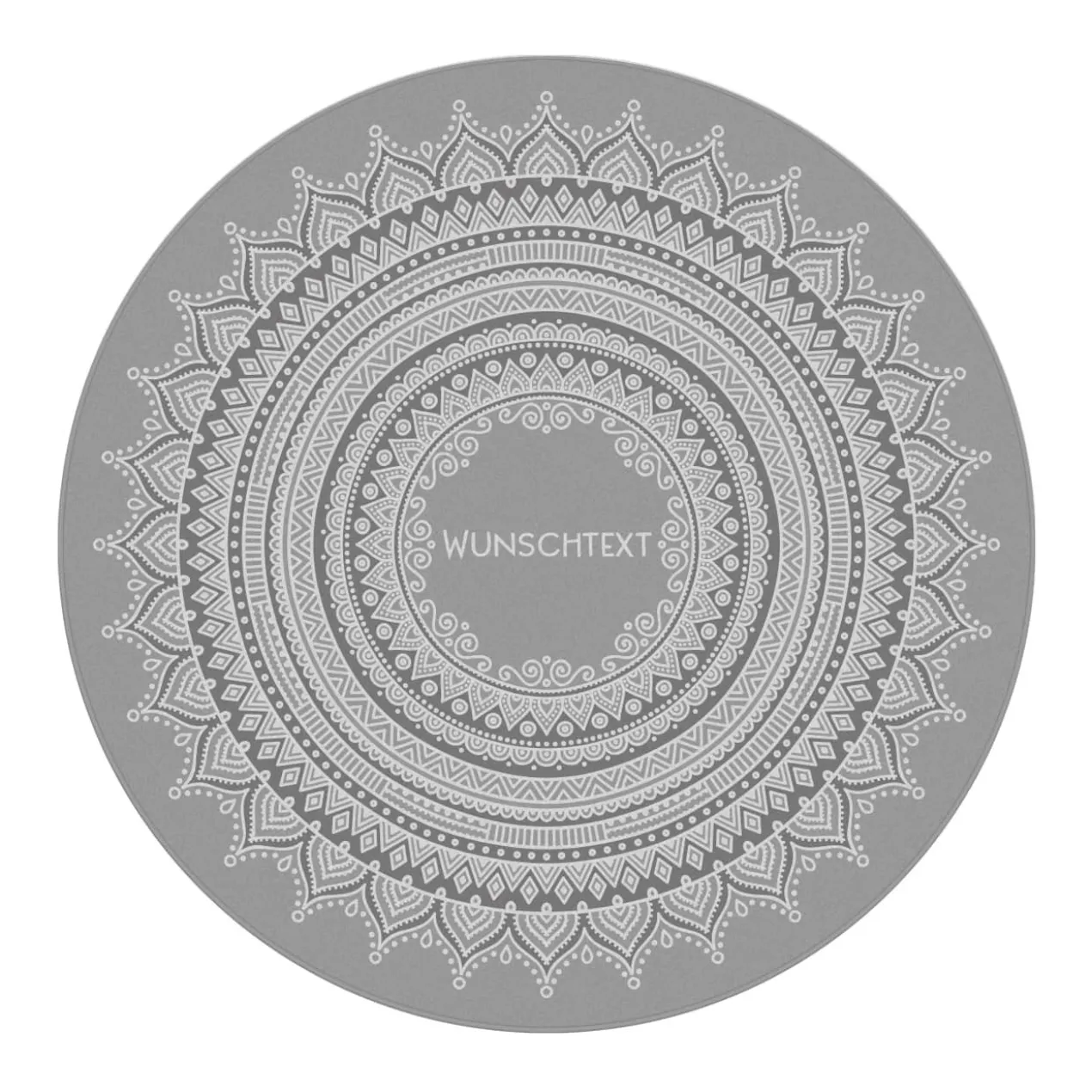 Runder Wohnteppich mit Mandala und Wunschtext in vier Farben