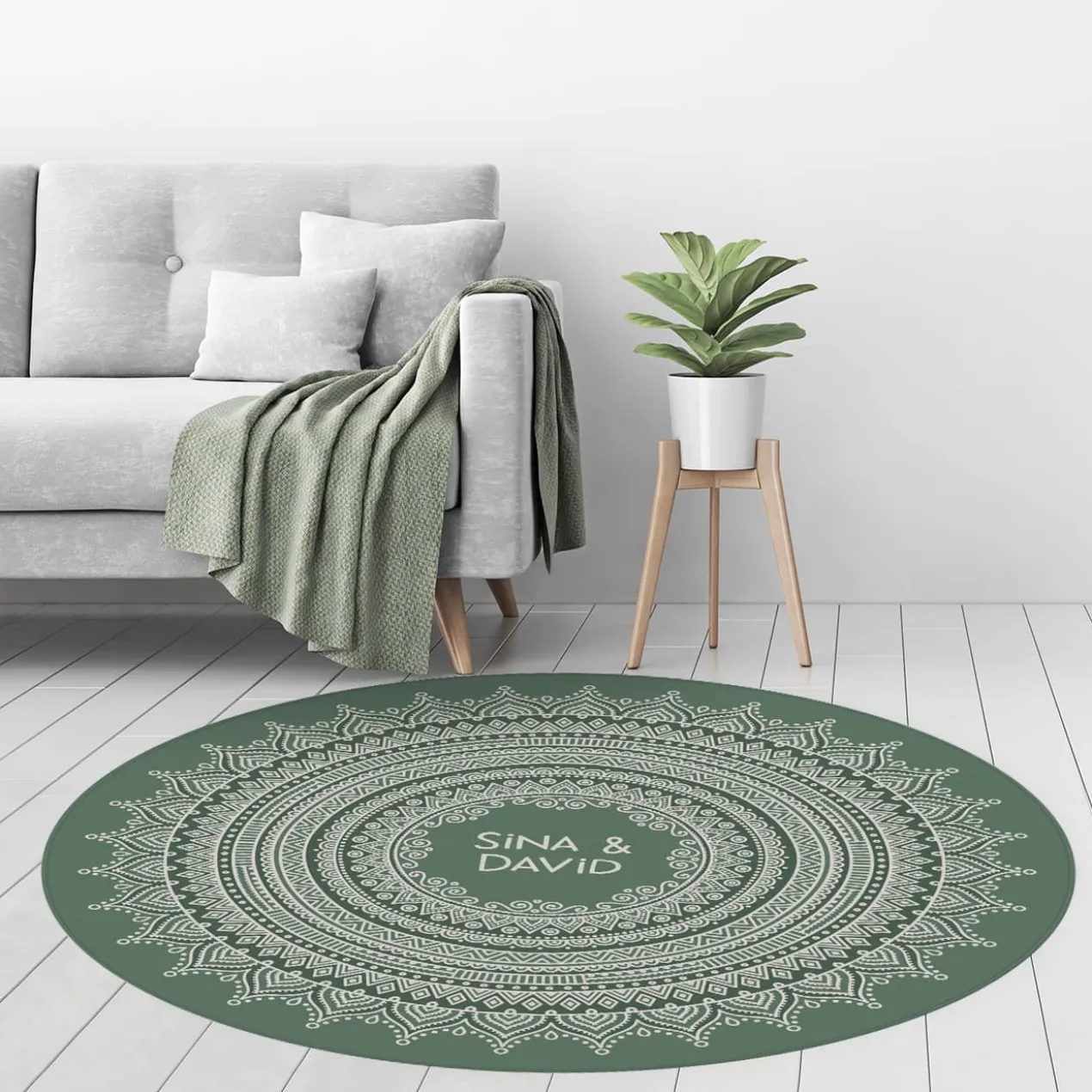 Runder Wohnteppich mit Mandala und Wunschtext in vier Farben