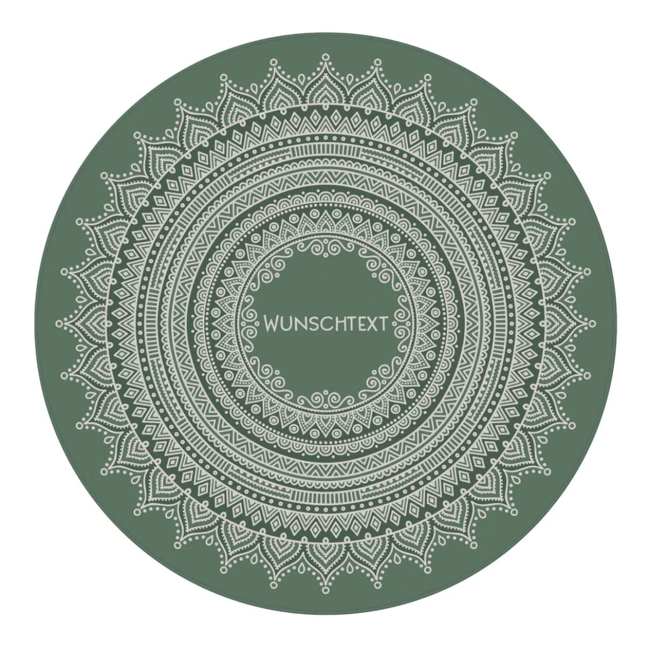 Runder Wohnteppich mit Mandala und Wunschtext in vier Farben