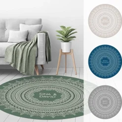 Runder Wohnteppich mit Mandala und Wunschtext in vier Farben