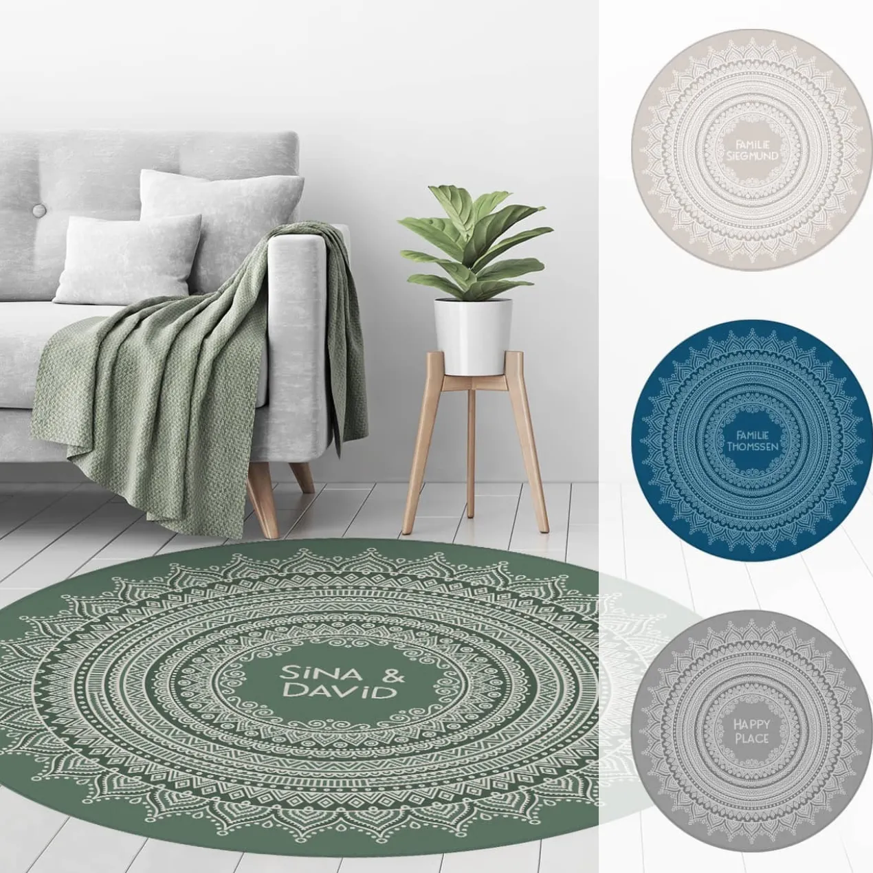 Runder Wohnteppich mit Mandala und Wunschtext in vier Farben