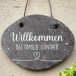 Runde Schieferplatte - Willkommen - mit Namensaufdruck