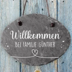 Runde Schieferplatte - Willkommen - mit Namensaufdruck