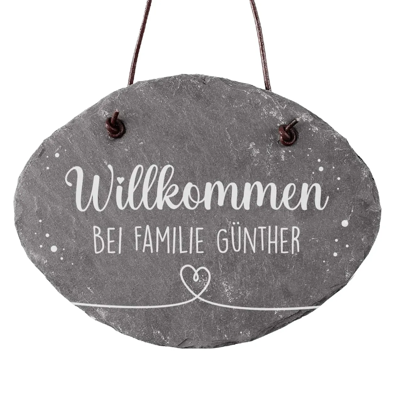 Runde Schieferplatte - Willkommen - mit Namensaufdruck
