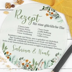 Rundes Glasbrettchen mit Rezept für eine glückliche Ehe und Ihren Wunschnamen